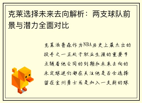 克莱选择未来去向解析：两支球队前景与潜力全面对比